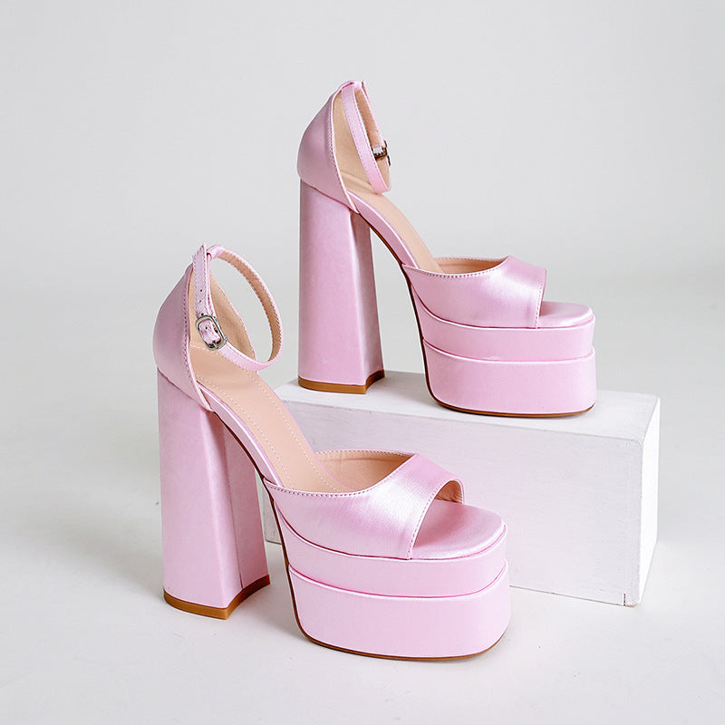 ZllKl 2022 Summer New Square Toe Hollow Chunky Heel Satin High Heel Peep Toe Women's Shoes High Heel Platform Shoes plus Size Catwalk Sandals Fashion