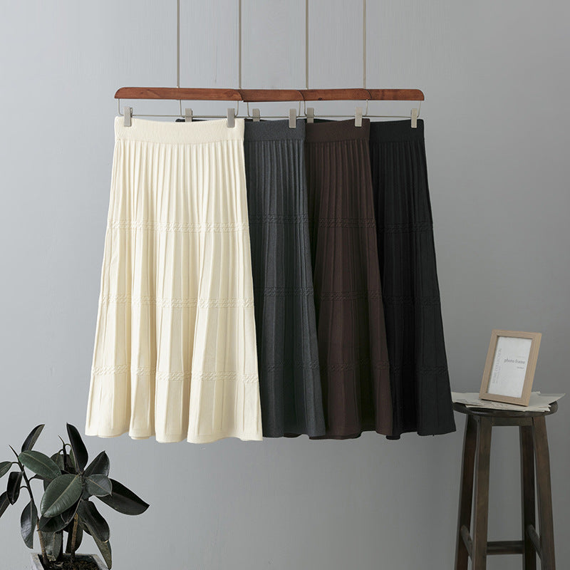 ZllKl Wool knitted skirt women's medium and long thickened autumn and winter new high-waisted and thin a-word pleated skirt big swing umbrella skirt