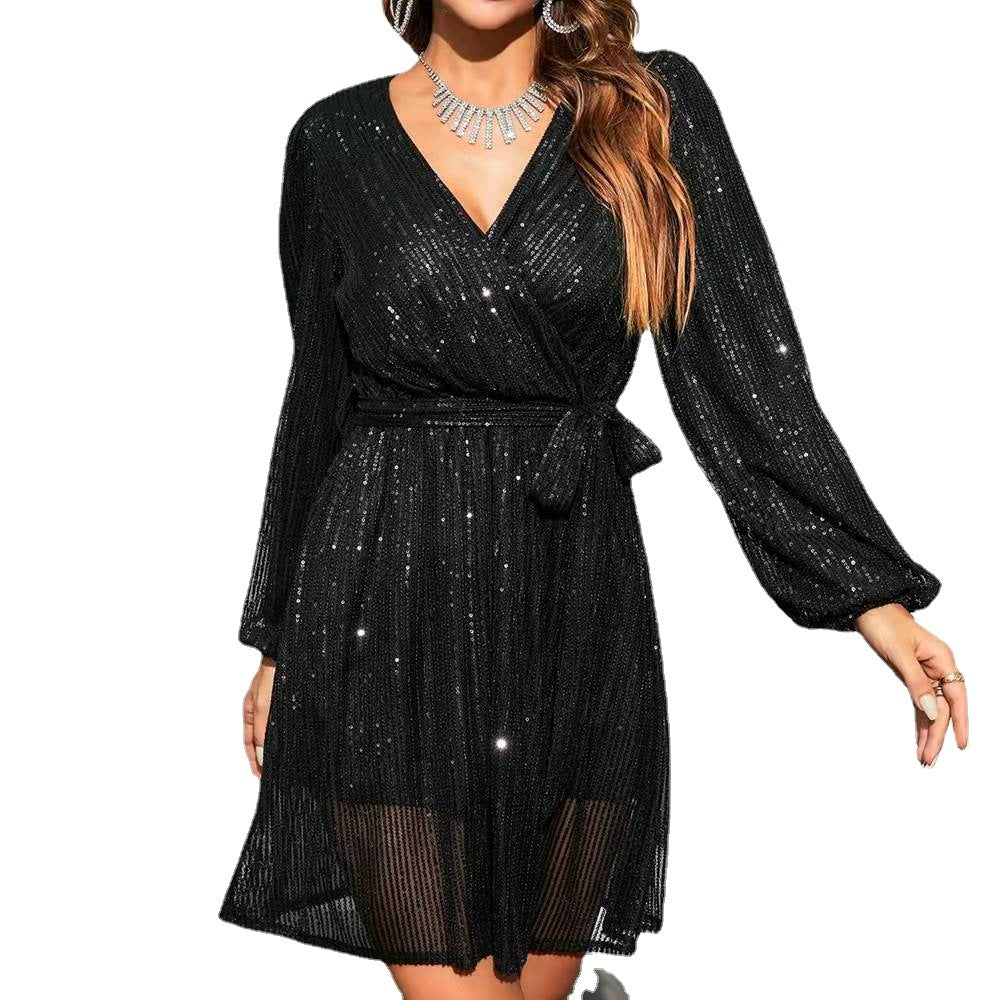 Zllk Europe and America Cross Border Women's Clothing Hot Fall Slim Fit Lantern Sleeve round Neck Belt Sequins Dress Women