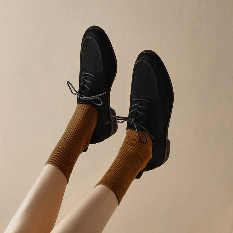 2025 Great to wear~ Frosted lace-up flat heel single shoes women's British style loafers retro small leather shoes