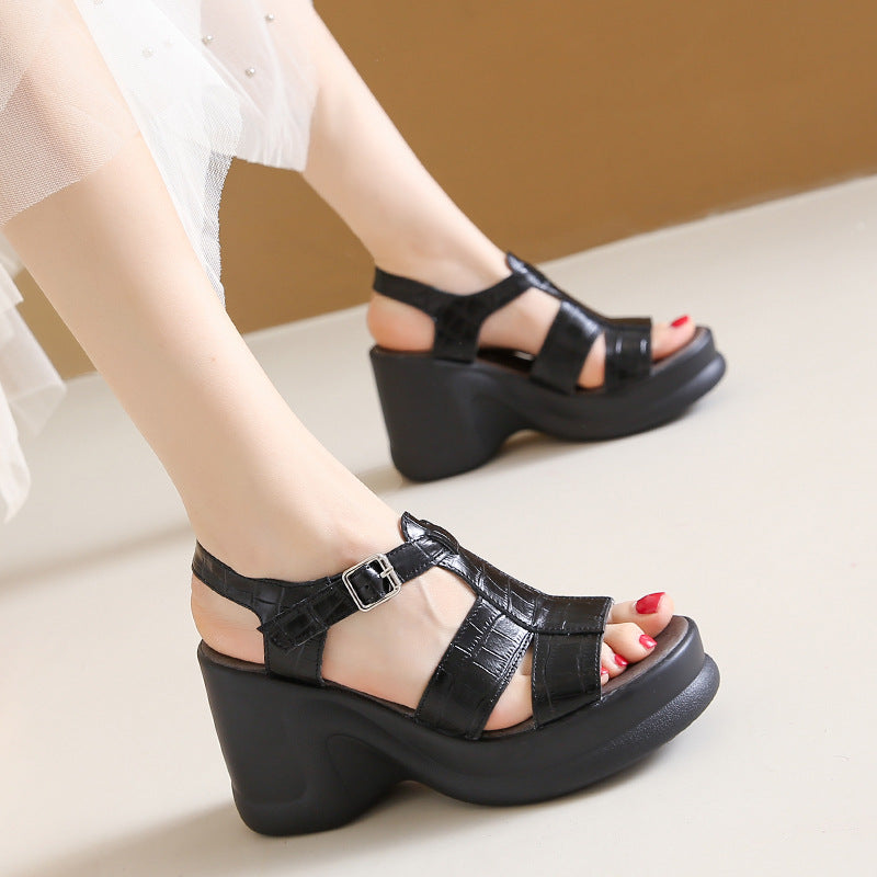 ZllKl High Heels Women's Summer Dress Fairy Style All-Match Wedge Heel Not Tired Feet Peep Toe Small Thick-Soled Roman Sandals