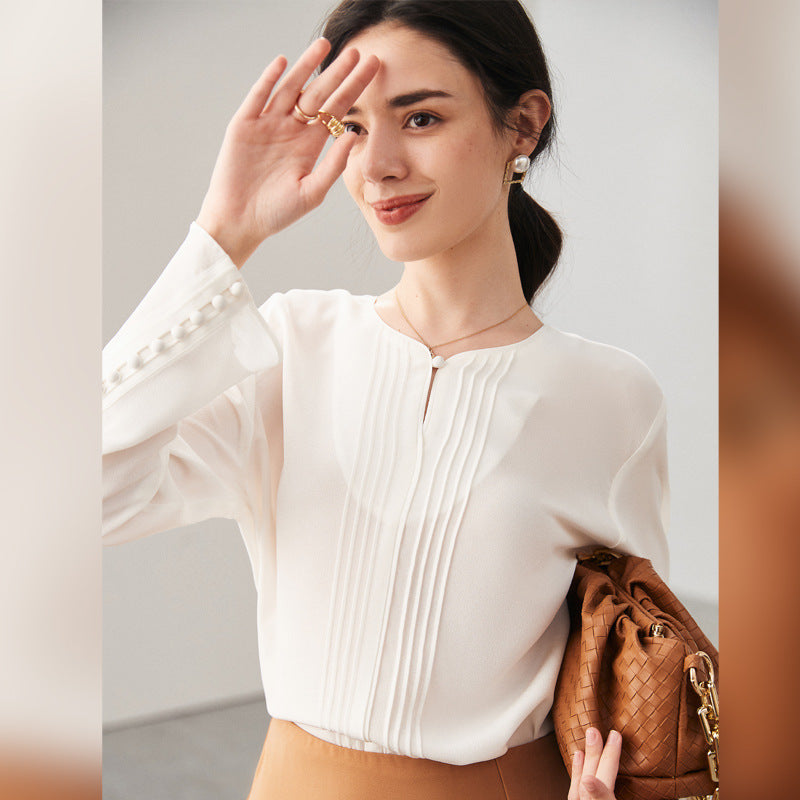 Silk shirt women's spring and summer new long-sleeved Hangzhou solid color OL wind heavy sand washed mulberry silk shirt