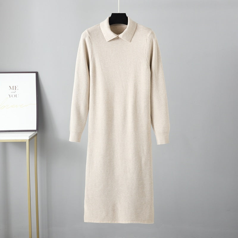 ZllKl POLO Neck Knitted Dress Long Sleeve Sweater Bottom Skirt Autumn and Winter New Medium and Long Skinny Bottom Knee Long Skirt