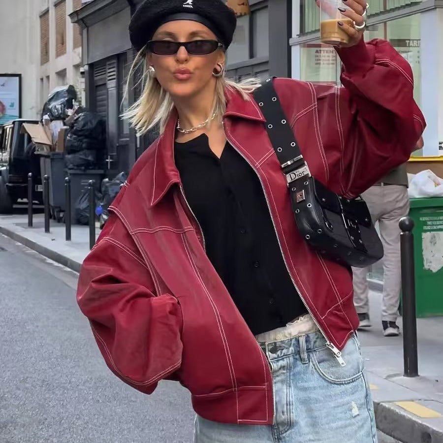European and American cross-border women's clothing 2023 autumn and winter new PU leather couple loose American casual retro ruffian handsome locomotive leather jacket