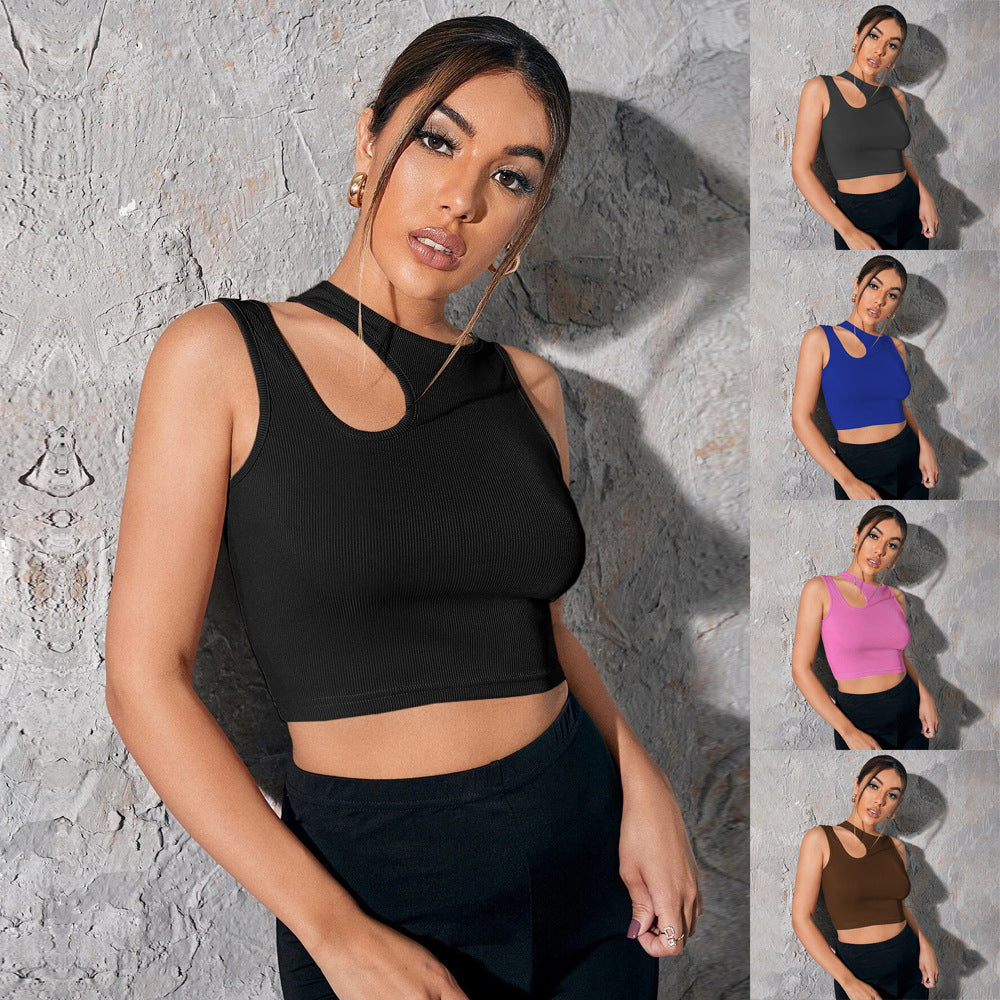 popular Spring and Summer Women's Sleeveless Sports Vest Slim-fit Super Short Sexy Hollow Crew Neck Solid Color Top