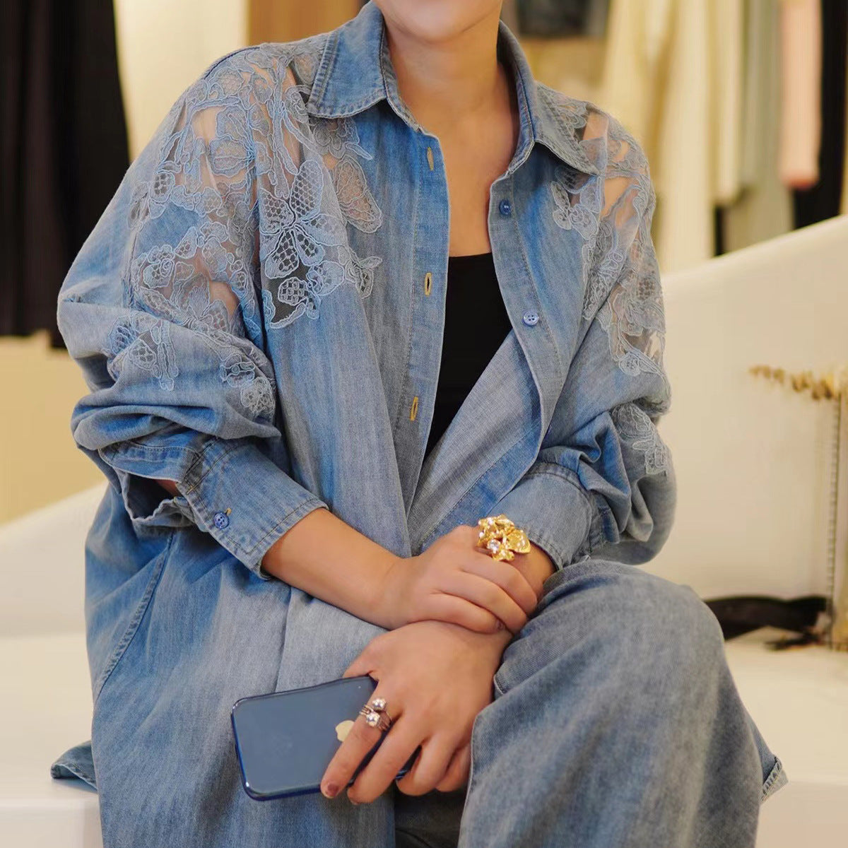2025 popular Early Autumn Denim Shirt Splicing Lace Embroidered Bat Shirt Versatile Denim Jacket