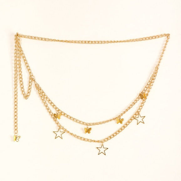 FB3331 2025 waist chain hollow pentagram alloy butterfly pendant wave fringe pendulum chain waist chain