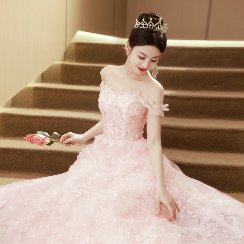 2025 Pink Mori Flower Evening Dress Advanced Sense Engagement Wedding Toast Dress Hosting Performance Graduation Performance Dress Dress