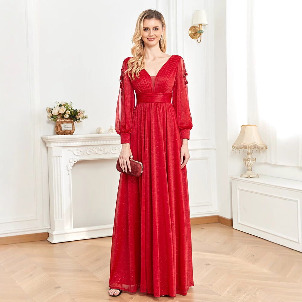 2025 new long-sleeved evening dress women's banquet sexy temperament slit V-neck banquet dress Popularan warehouse supply
