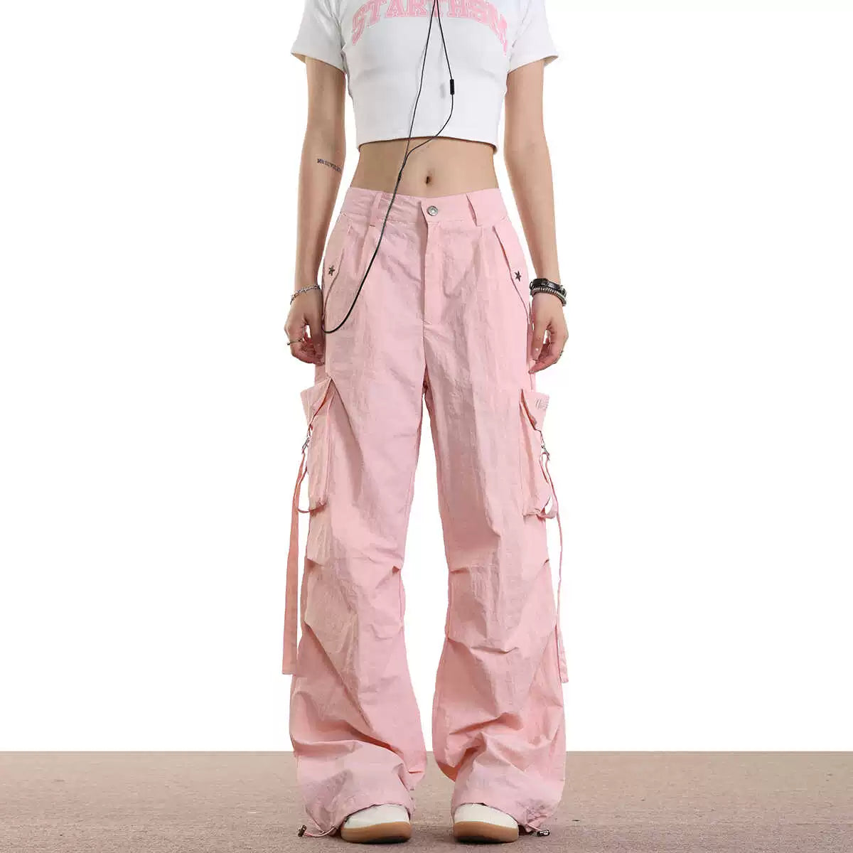 0123Start n high street streamer drawstring wide-leg legged overalls men's and women's summer loose paratrooper pants