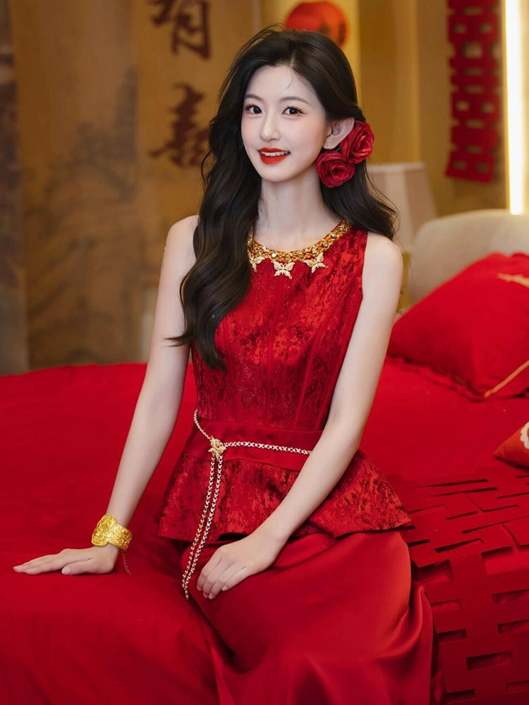 New Chinese engagement dress 2025 new red bridal toast suit wedding return thank you banquet casual women