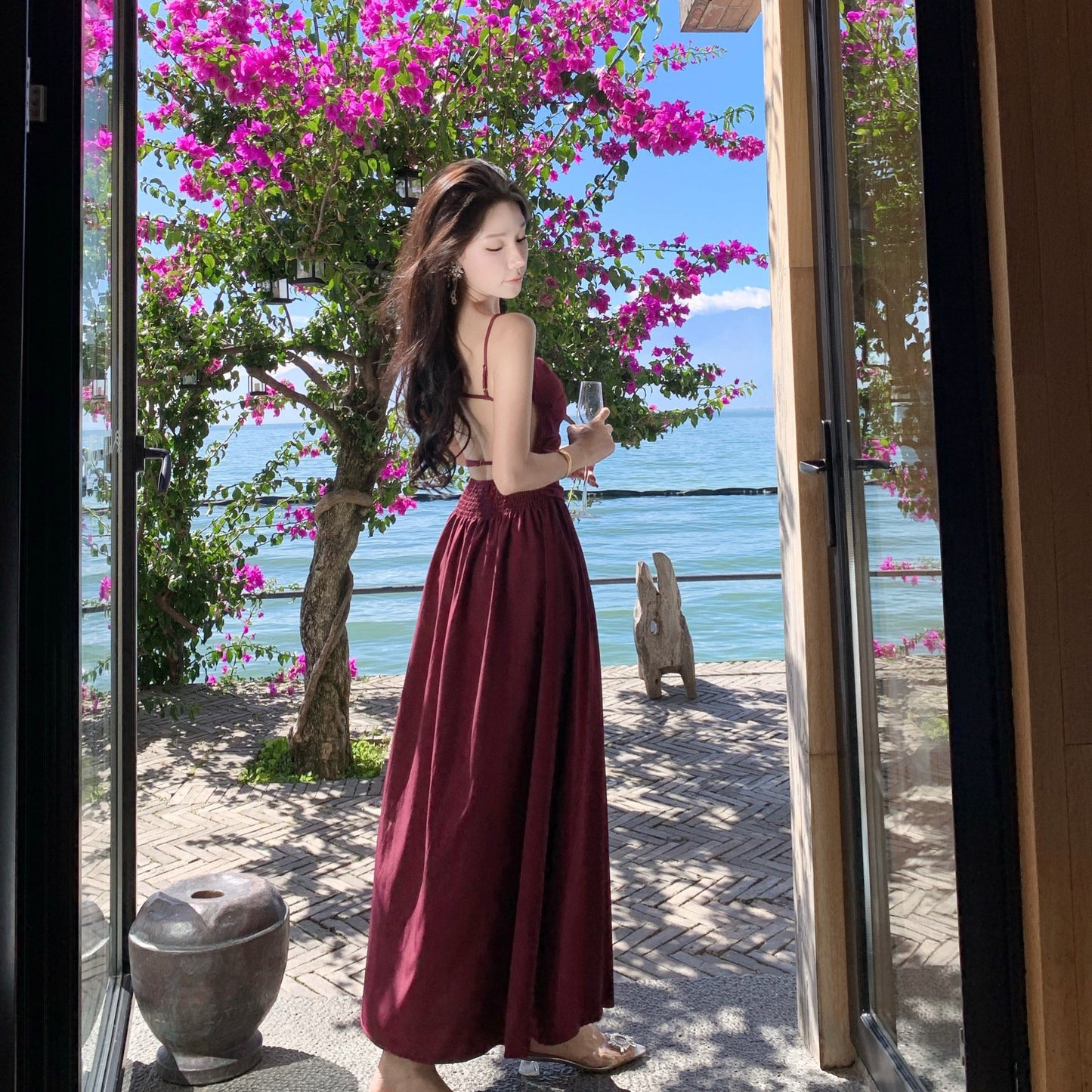 2025 Purple backless suspender skirt women's summer hollow sexy waist seaside vacation skirt big swing long dress