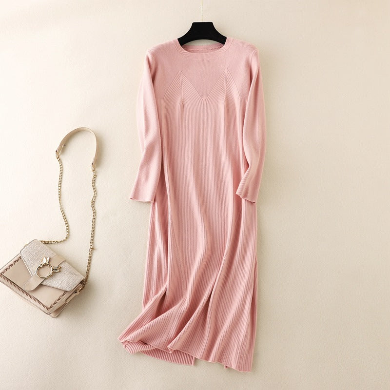 ZllKl Knitted primer dress for women's inner wear, autumn and winter New new round neck medium and long temperament over the knee sweater long dress