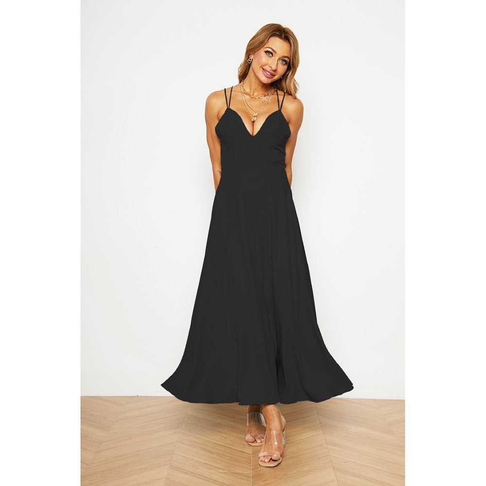 ZllKl Spring/Summer Cross-Border Women's Clothing Solid Color Hepburn Style Strap Dress Tube Top Stitching Midi Dress