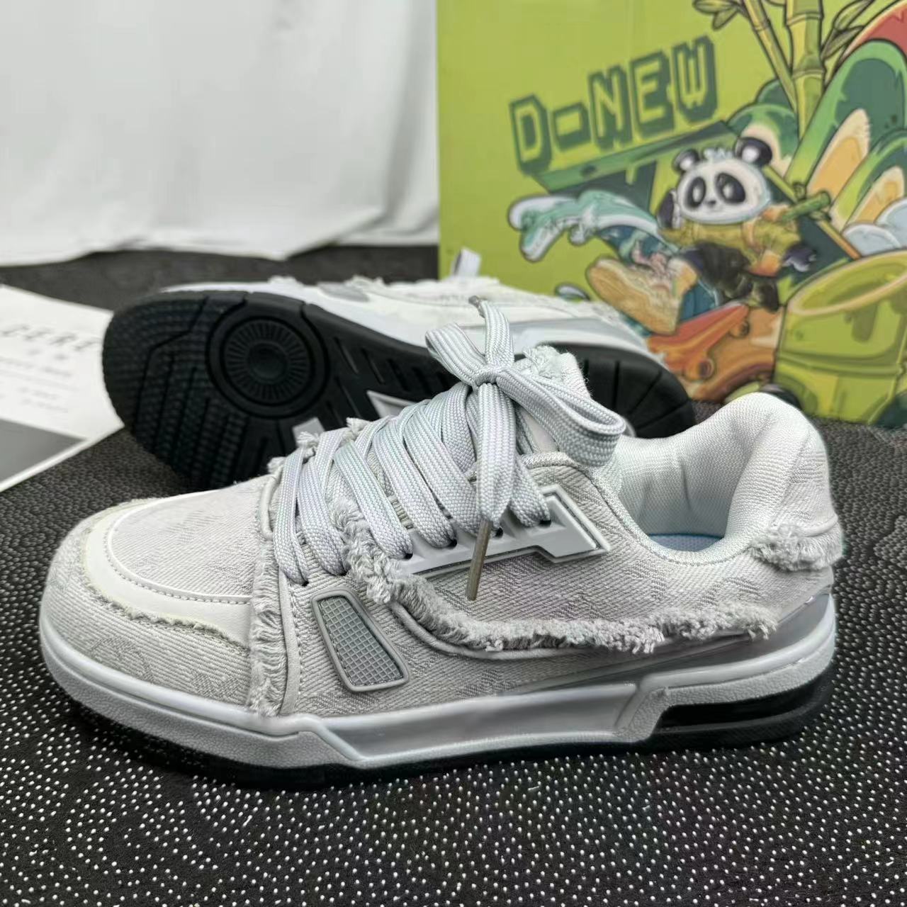 ZllKl Langzu in Stock Couple Niche Sports Casual Borad Shoes Men's Summer Gray Denim Fringe Retro Bread Shoes Women's
