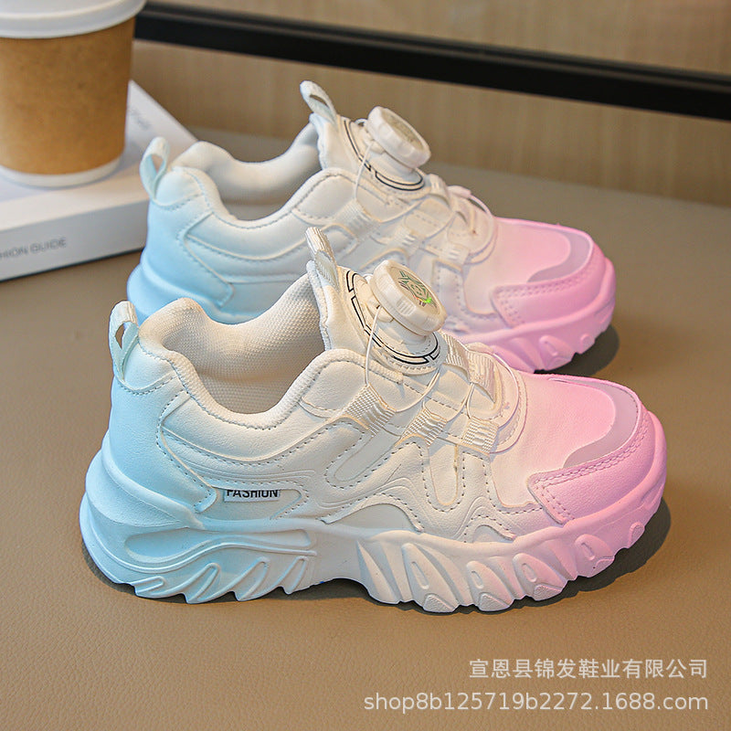 ZllKl Girls' Shoes Rotating Buttoned Shoes Gradient Color Breathable Mesh Surface Dad Shoes White Shoes Medium and Big Children Children Sneaker Tide