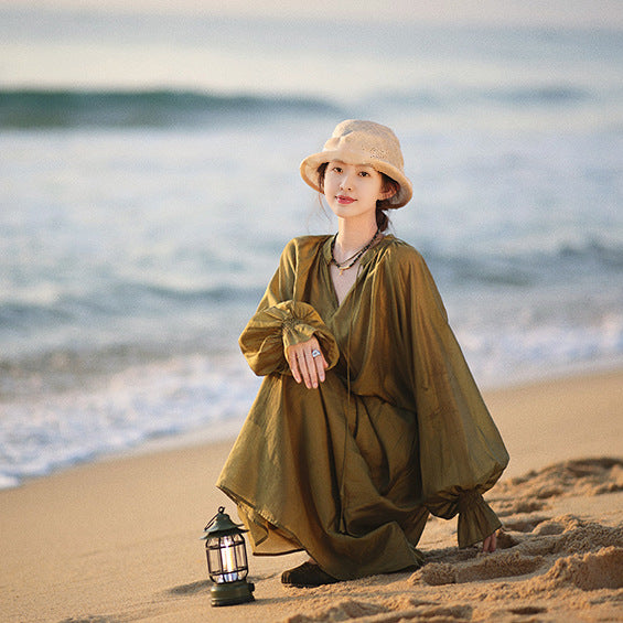 2025 New clothes women's summer suit, lantern sleeve top A-shaped skirt skirt B0727 Tencel two-piece suit women