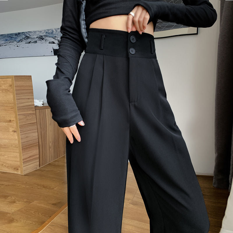 ZllKl Black Loose Slimming Wide-Leg Pants High Waist Straight Drooping Suit Pants Slimming Pants High-Looking Casual Women's Pants