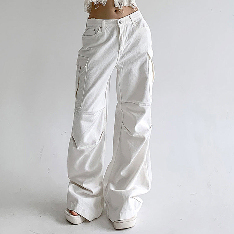2025 Street Washed White Side Multi-Pocket Wide-Leg Jeans Women's Low Waist Loose Slimming Pleated Trousers Spring