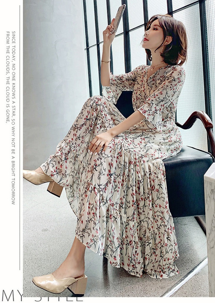 ZllKl Cross-Border Spring and Summer New Dress Tall Floral Chiffon V-neck Dress Temperament Fairy Dress