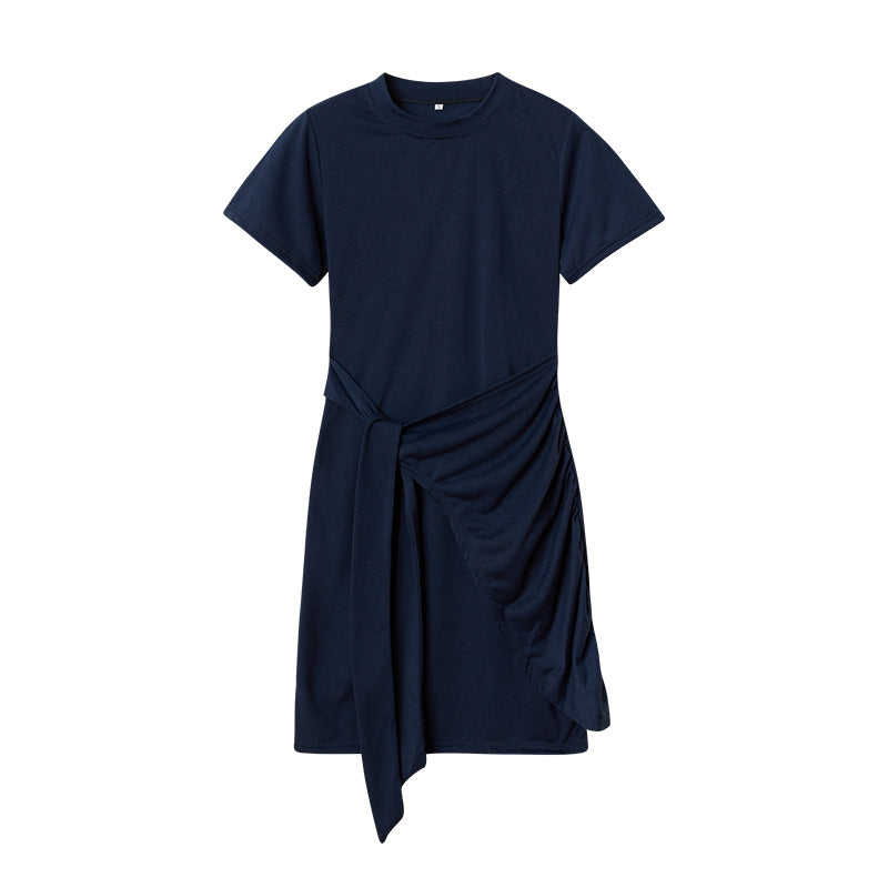 ZllKl European and American Popular Short Sleeve round Neck Pleated Bow Belt Irregular Dress