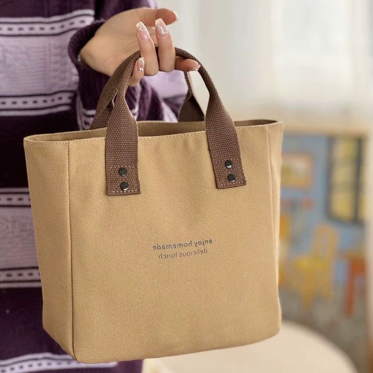 ZllKl Canvas Solid Color Handbag Japanese Bento Mummy Office Worker Simple Contrast Color Fashion Carrying Bag Lunch Box