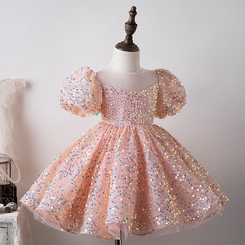 ZllKl Blue Sequined Children's Dress Girl Princess Dress Birthday Full-Year Baby Girl Catwalk Host Piano Performance Wear