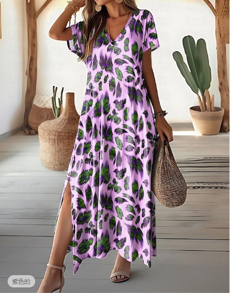 Zllk Women's Casual Dress Summer Digital Printing Split V-neck Street Style Short Sleeve Regular Dress
