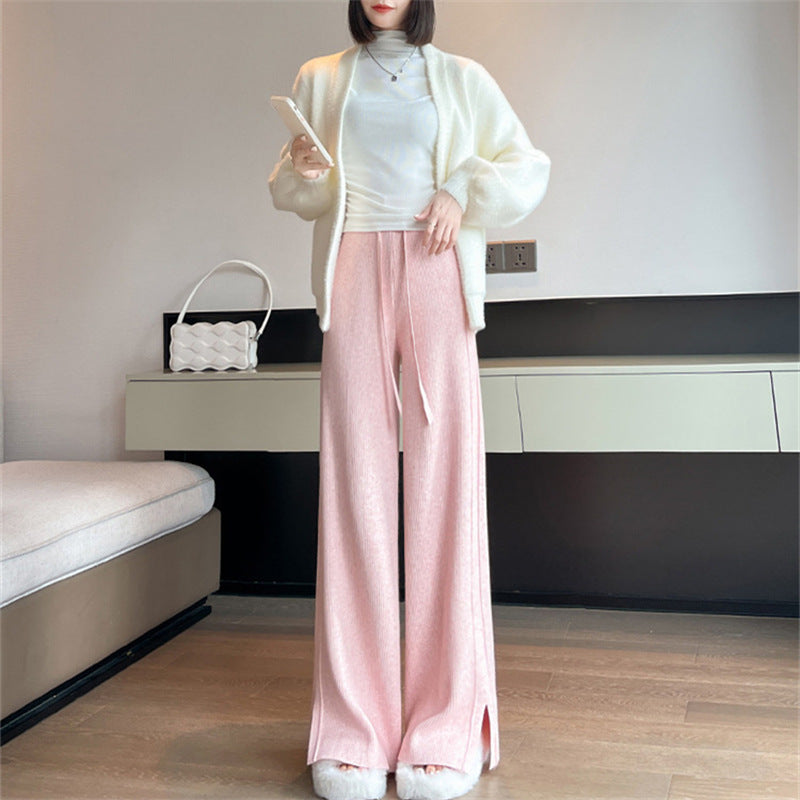 ZllKl Autumn and Winter New Knitted Wide-Leg Pants Women's High-Grade Soft Glutinous Sunken Stripe Mop Side Slit Straight Casual Pants Thick