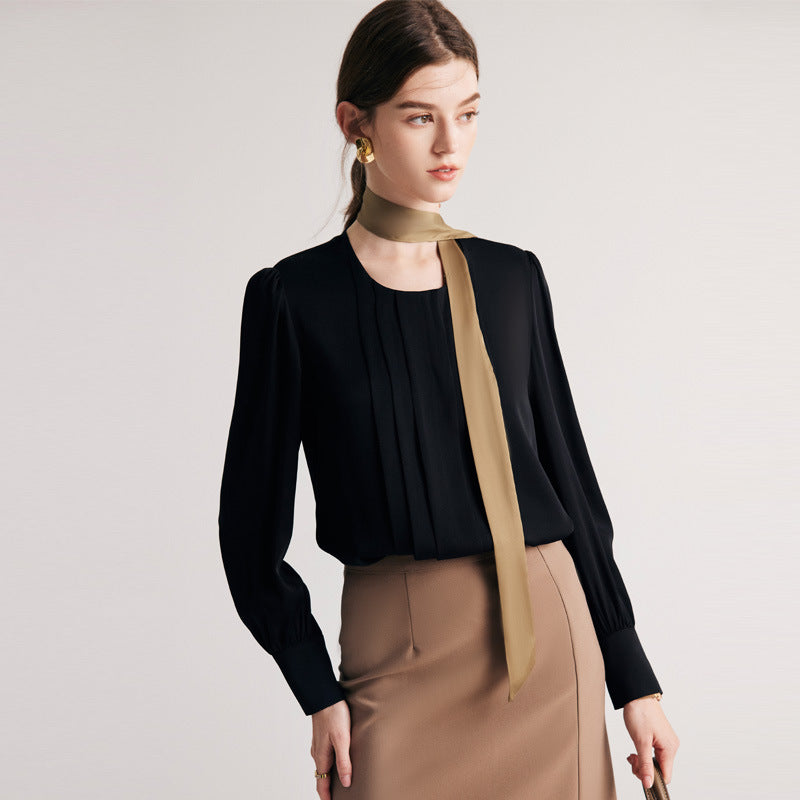 Silk shirt women's popular spring and summer new solid color round neck OL commuting 19 mmi elastic double Joe mulberry silk top