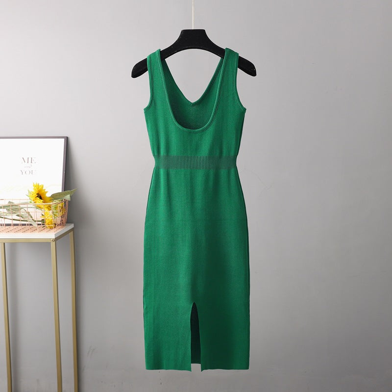 ZllKl retro sexy backless knitted suspender dress high waist and thin split fork medium and long dress women's autumn