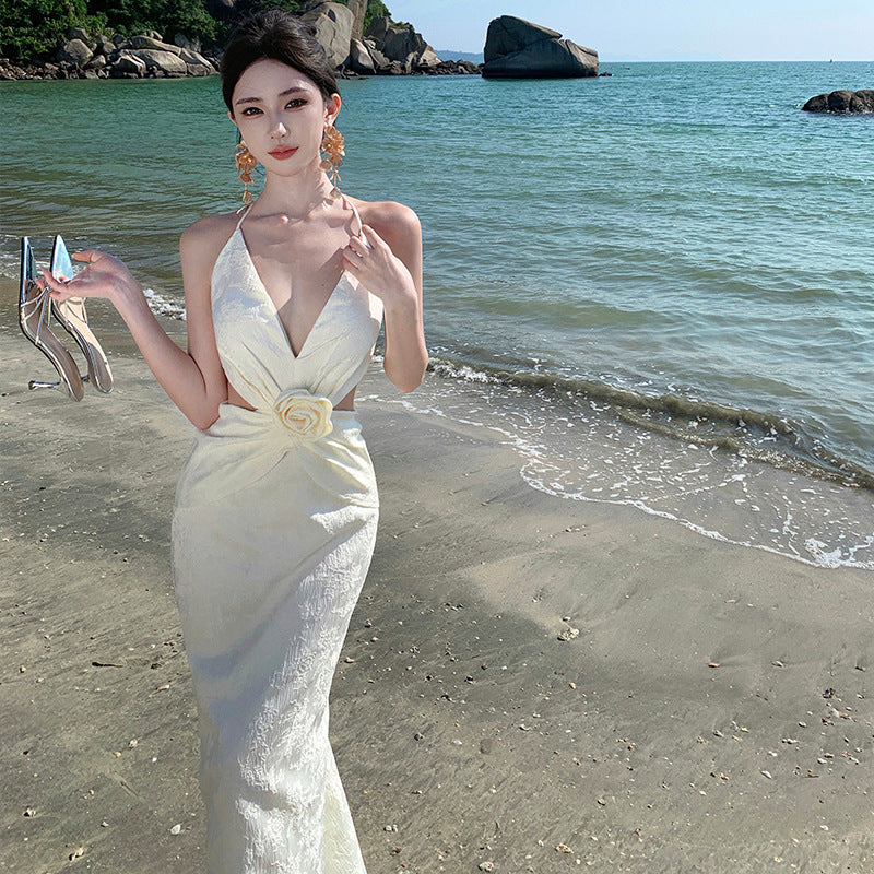 2025 Sexy V-neck halter neck skirt waist seaside vacation dress banquet dress skirt waist temperament long dress