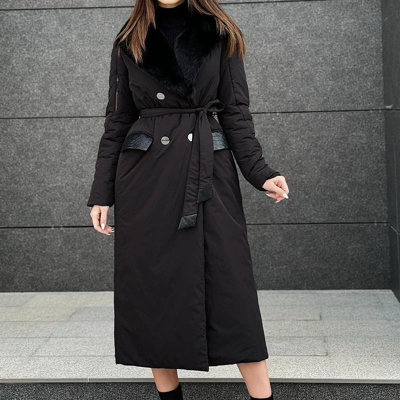 winter new European and American cross-border fashion solid color fluffy lapel tie waist long cotton clothes women