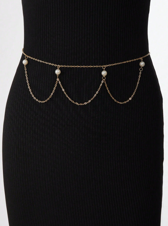 FB3370 2025 waist chain simple pearl joint cross wave fringe pendulum chain waist chain body chain