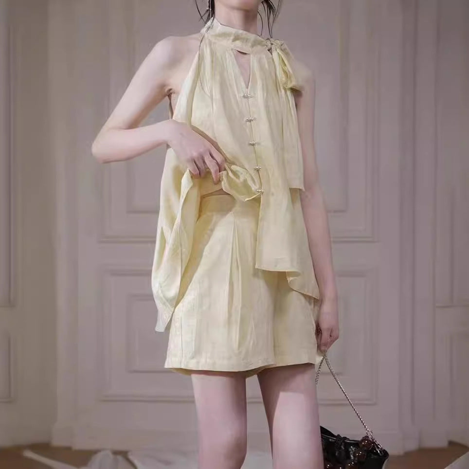 2025 Bamboo rhyme Zen, jasmine light yellow, Lyocell neck shirt + shorts set women's popular summer new
