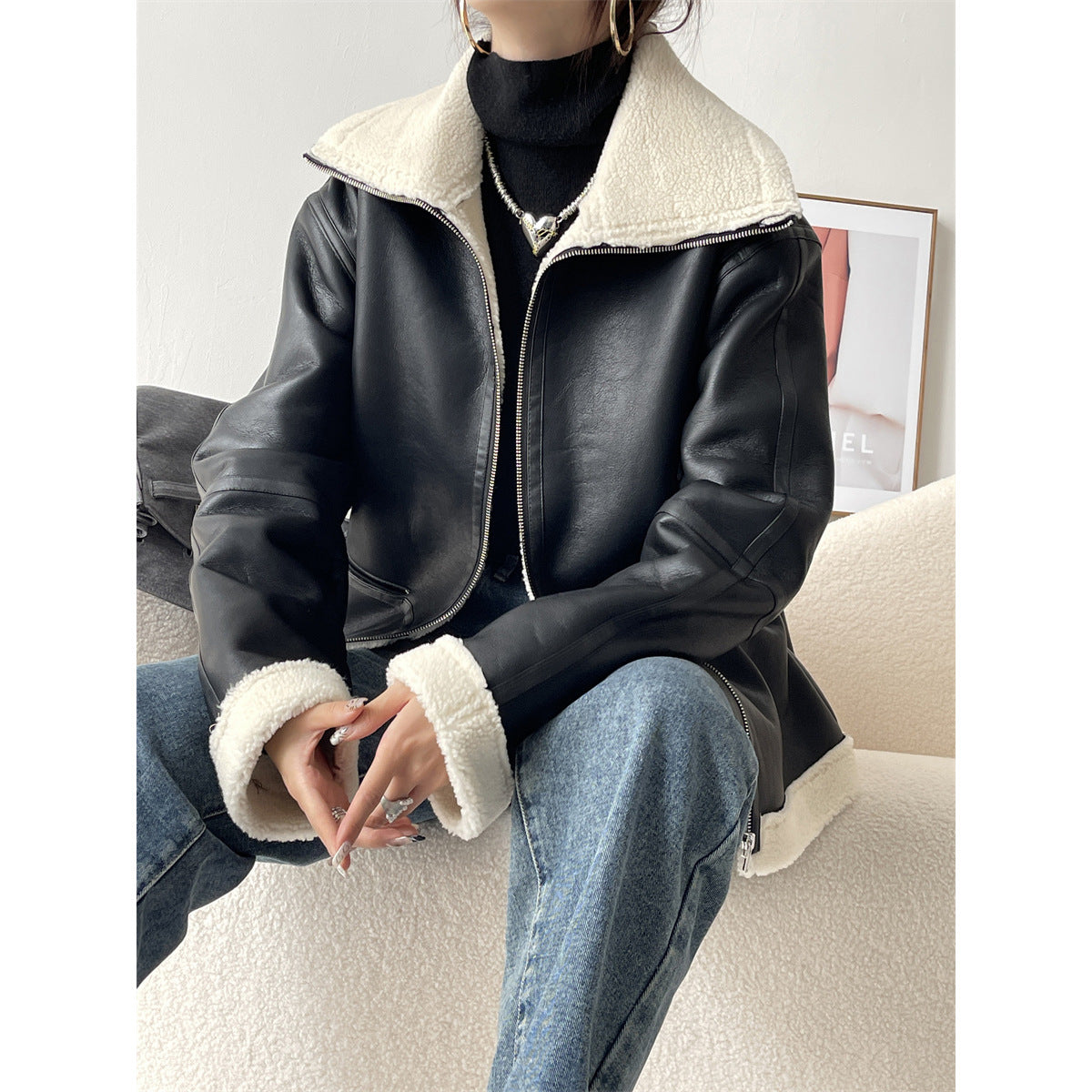 Mengzixi, Yang Mi, Liu Yun, the same motorcycle suit, lamb wool fleece leather jacket, women's autumn and winter jacket X1683