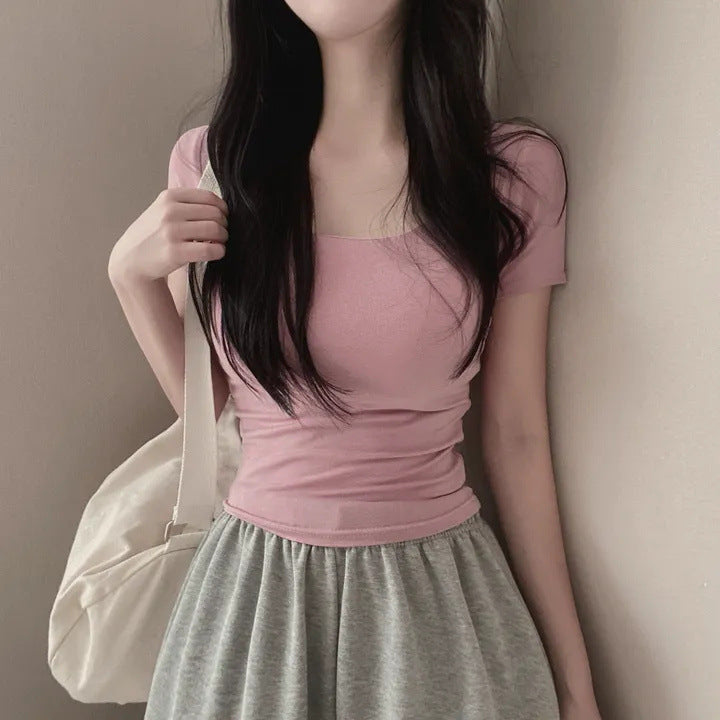 ZLLKL Manufacturer's black basic square neck short-sleeved t-shirt short summer and Korean version pure cotton color base thin slim and thin