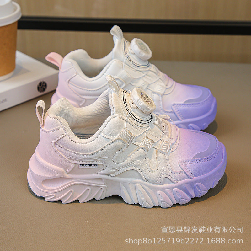 ZllKl Girls' Shoes Rotating Buttoned Shoes Gradient Color Breathable Mesh Surface Dad Shoes White Shoes Medium and Big Children Children Sneaker Tide