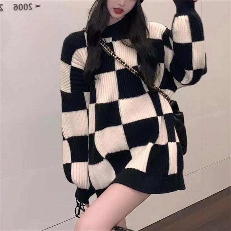 Checkerboard sweater women's autumn and winter design sense new top retro thin lazy wind pullover knitted sweater jacket