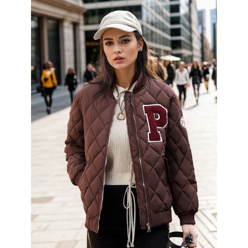 Chinese and American letters P retro down cotton-padded clothes new short jacket 2025 autumn and winter college style loose baseball jersey women
