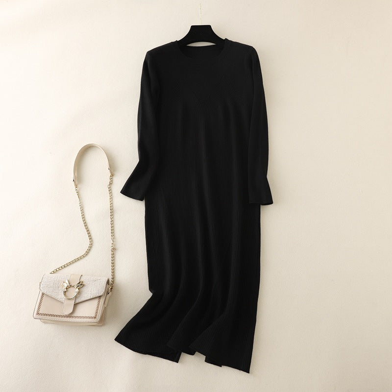 ZllKl Knitted primer dress for women's inner wear, autumn and winter New new round neck medium and long temperament over the knee sweater long dress