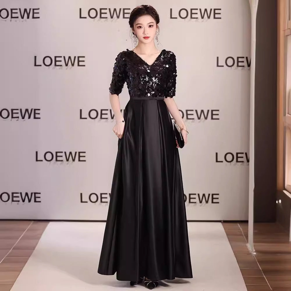 2025 Black V-neck long evening dress skirt 2025 new annual meeting catwalk art examination choir piano performance clothes wholesale