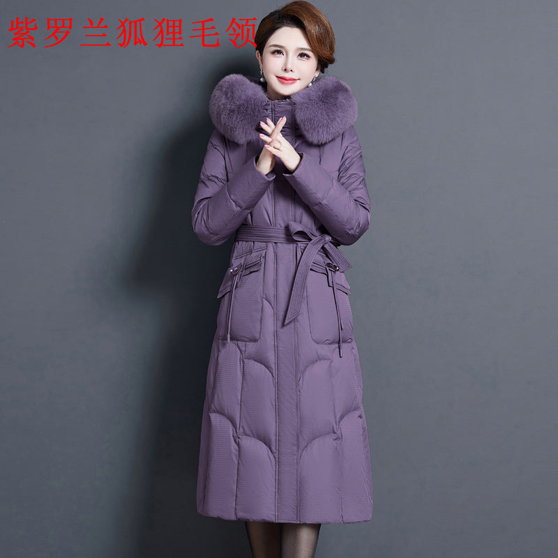 2023 new fashionable and foreign medium and long mother thickened winter knee jacket middle-aged white duck down jacket women