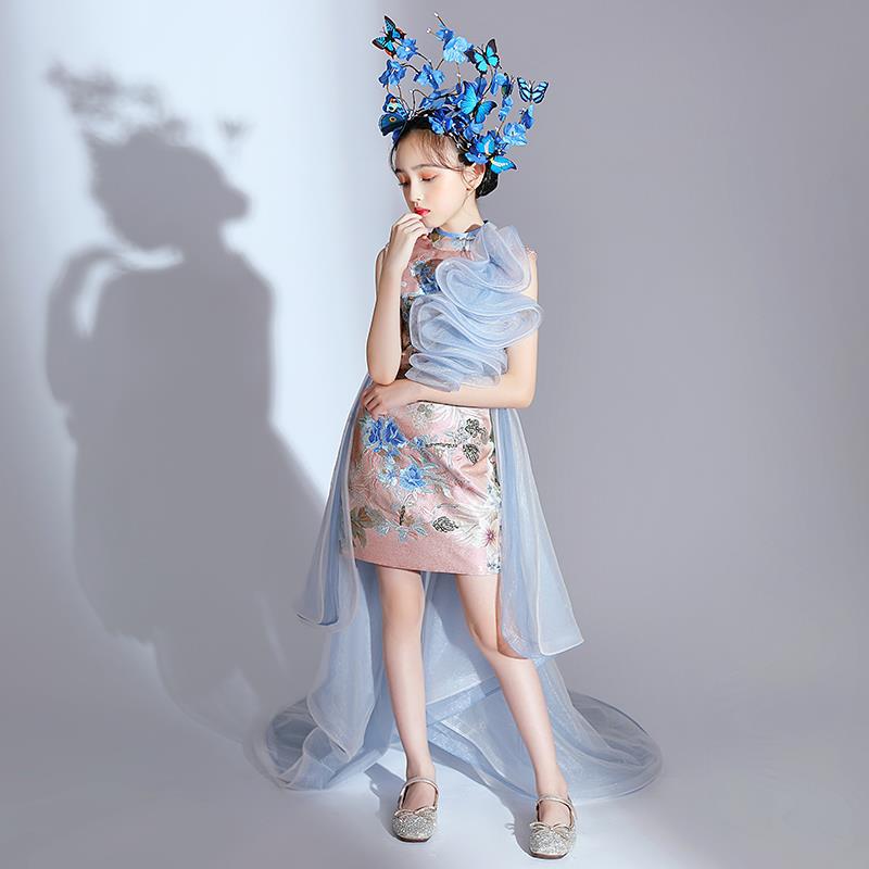 ZllKl National Fashion Girls Catwalk Dress Exaggerated Chinese Style Children's Model T Stage Fashion Costume Domineering Trendy Clothes Trailing