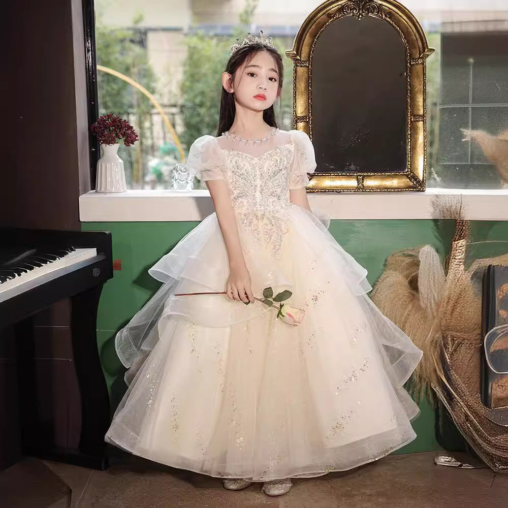 ZllKl Children's Dress Light Luxury Minority New Girls' High-End Birthday Fashionable Princess Dress Flower Girl Costume for Piano Performance
