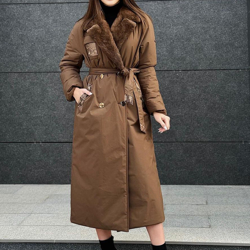 winter new European and American cross-border fashion solid color fluffy lapel tie waist long cotton clothes women