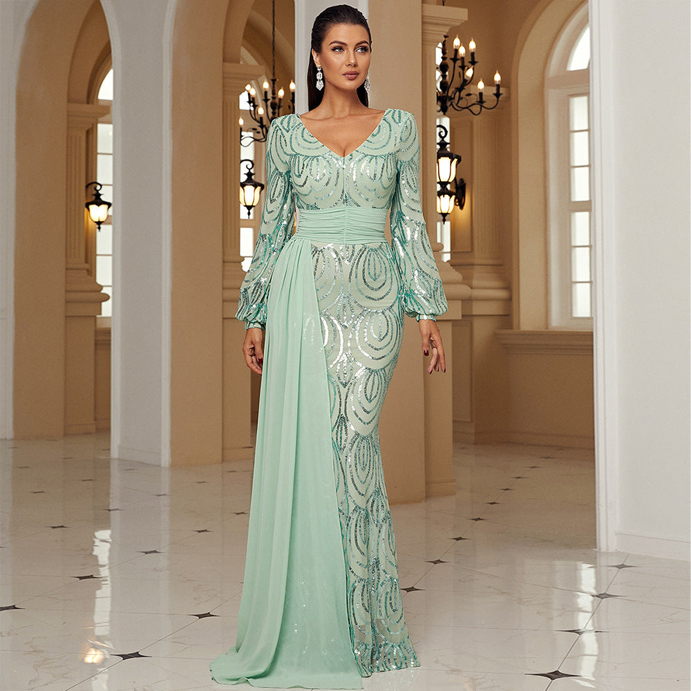 r 2025 temperament long-sleeved sexy long sequined V-neck banquet streamer evening dress bridesmaid dress women