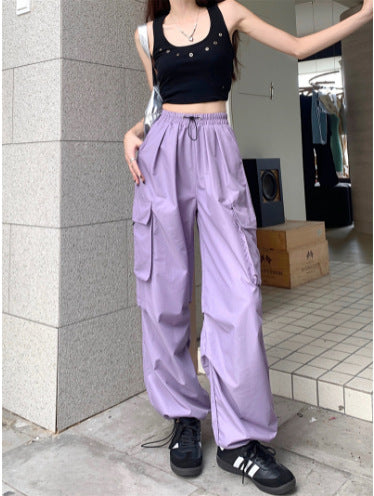 ZllKl Nylon Quick-Drying Overalls Women's Summer New American Parachute Pants High Waist Wide Leg Leisure Drawstring Sports Pants