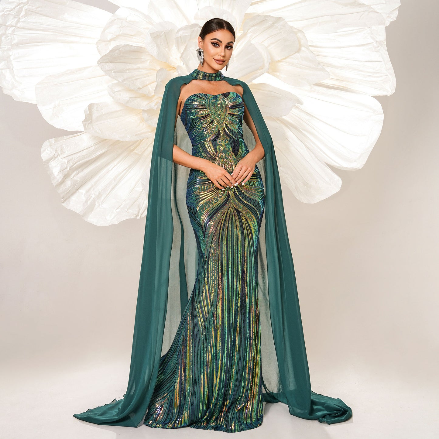 r 2025 new long-sleeved crew neck long sequined banquet cape fish tail evening dress bridesmaid dress women