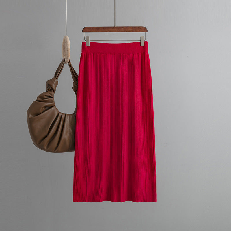 ZllKl Rear split knitted pit strip skirt solid color elastic waist elastic hip wrap temperament thin wool skirt autumn new